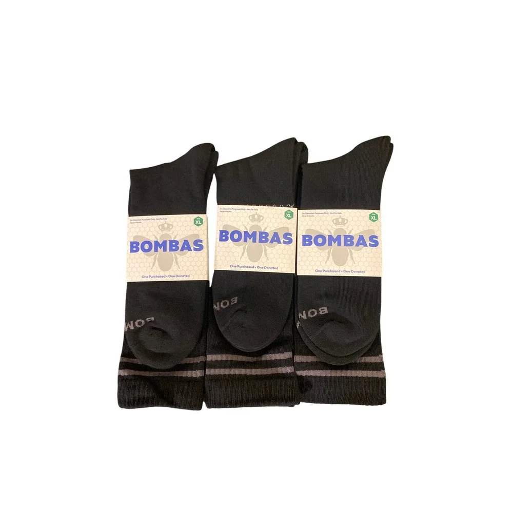 Bombas Mens Crew Socks 3 Pairs Black Grey Striped Honeycomb Arch Support XL NEW